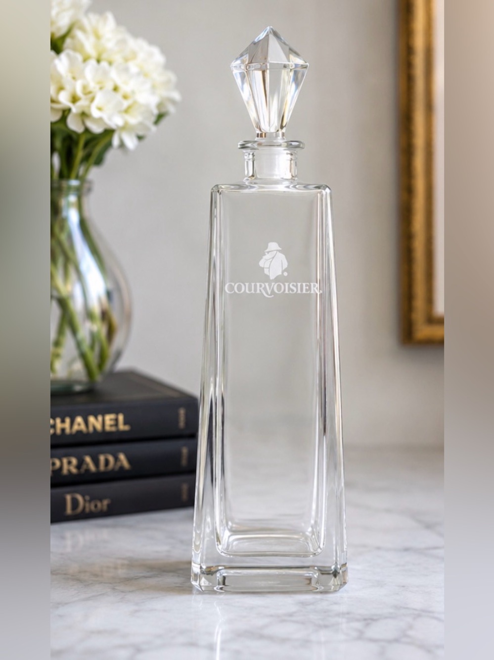 vintage Courvoisier clear glass decanter w/iconic etched Courvoisier logo 12.5”